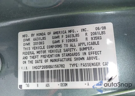 2008 Honda Accord 2.4 Ex-L z USA, uszkodzony, nr VIN 1HGCP268X8A156782
